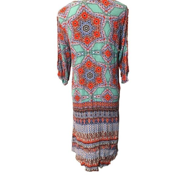 Democracy boho medallion teal and off red orangish paisley print 3/4 sleeves wit - Picture 7 of 12